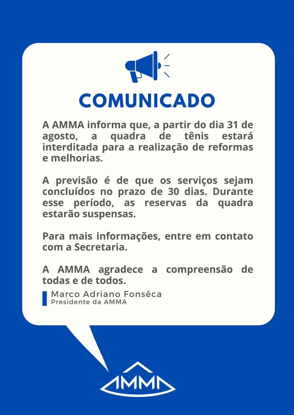 Comunicado — Quadra de tênis interditada para reforma
