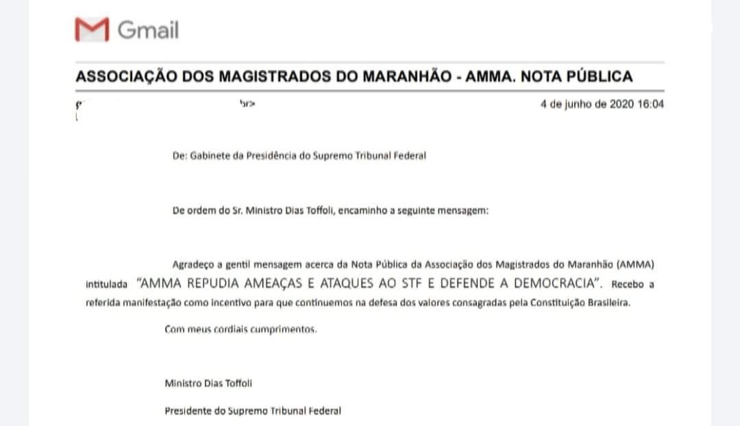 Presidente do STF agradece manifestação da AMMA em defesa da democracia